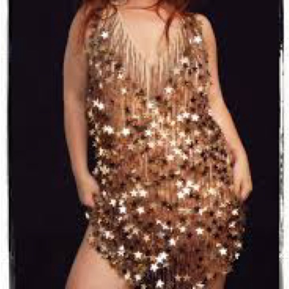 Nasty Gal Gold/Bronze Beaded Tassel Stars straight shift HTF SOLD OUT dress TTS - Picture 5 of 6